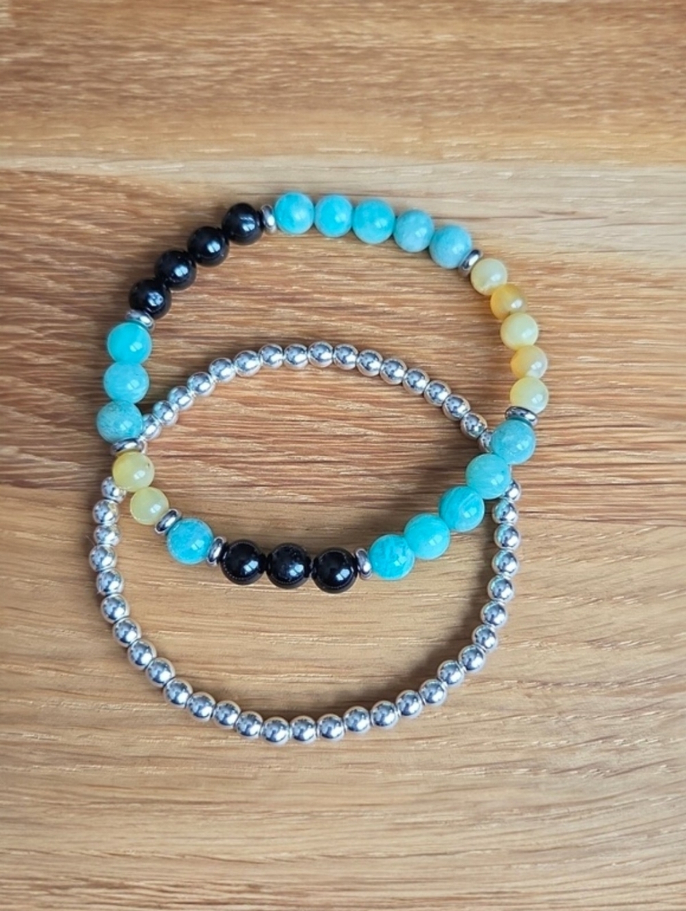 Amazonite, Yellow Opal, Silver Hematite Bead Bracelet Set, Stretch, Hand Crafted - Picture 1 of 11
